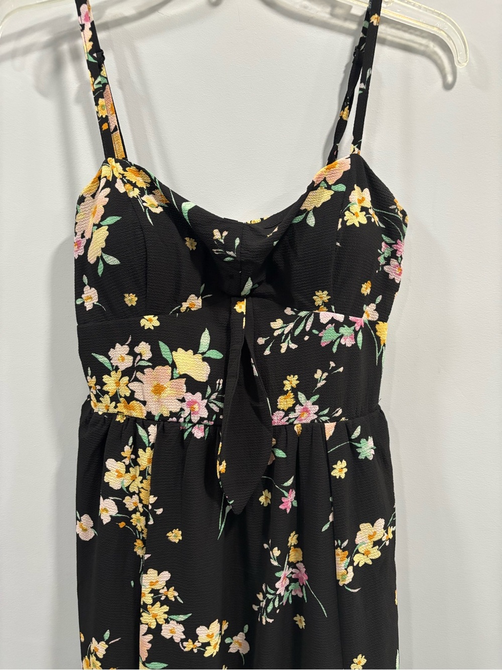 As U Wish Black Floral Tie-Front Midi Dress with Pink & Yellow Blooms